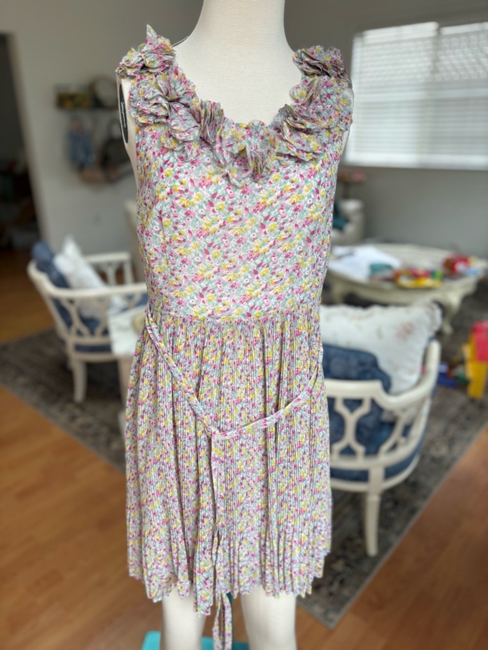 Darling Floral Ruffle Neck Dress in Pink, Yellow, Green, Blue